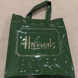 Harrods Glossy Green Tote with Gold Logo Vintage